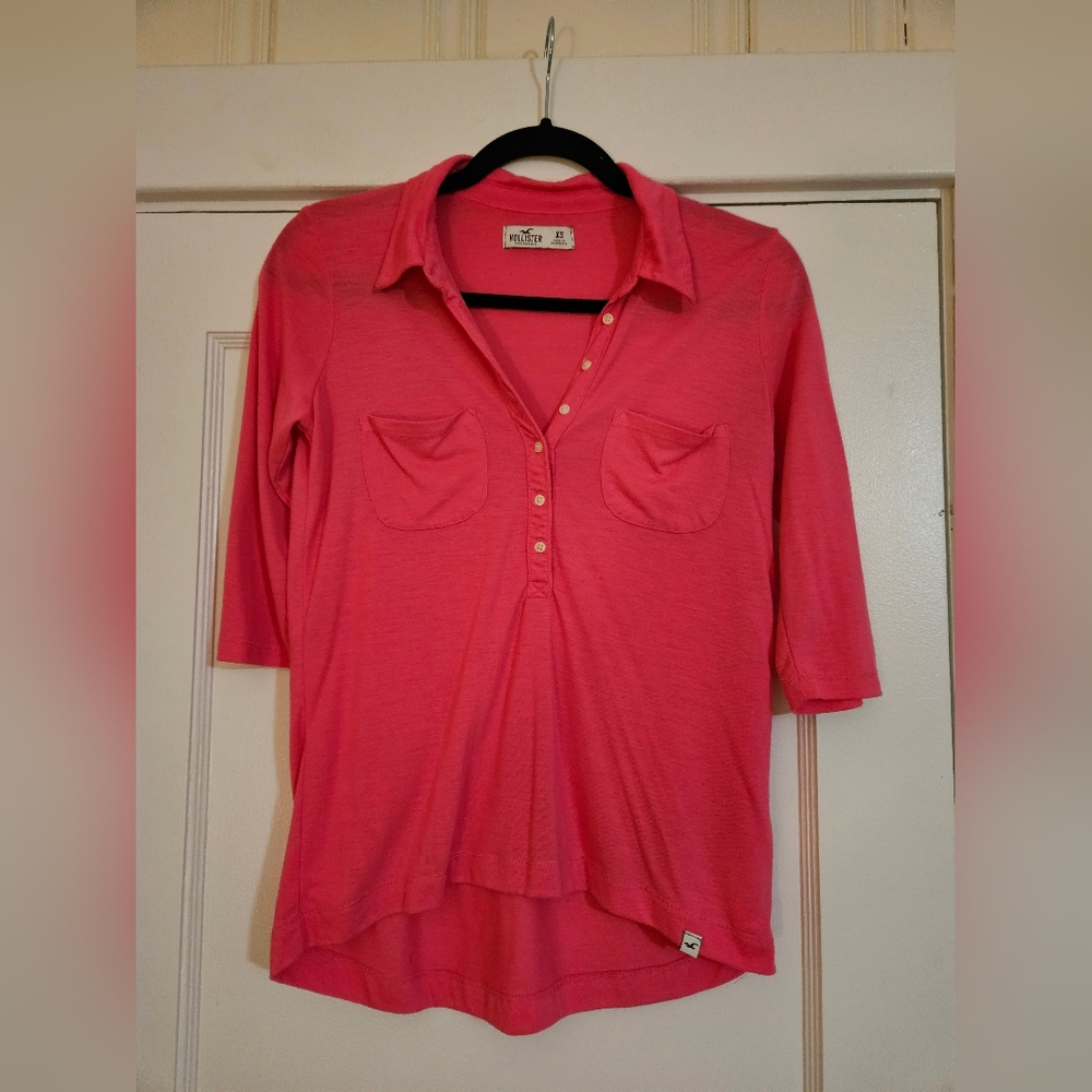 Hot Pink Hollister 3/4 Button Up T-shirt. 3/4 Length Sleeves